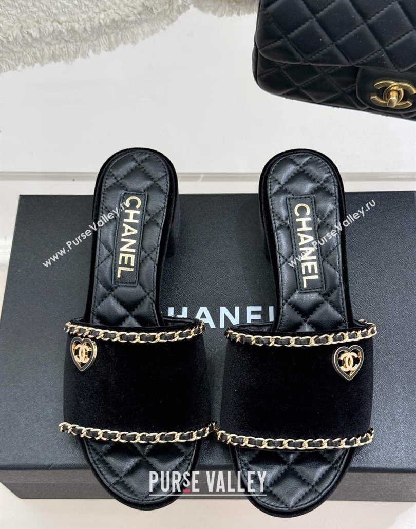 Chanel Velvet Heel Slides Sandal with Chain and Heart G46109 Black 2025 (KL-250304046)