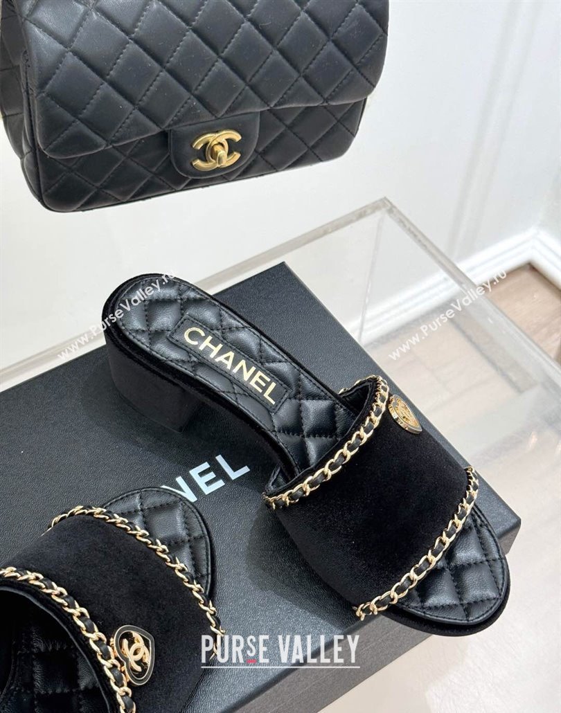 Chanel Velvet Heel Slides Sandal with Chain and Heart G46109 Black 2025 (KL-250304046)