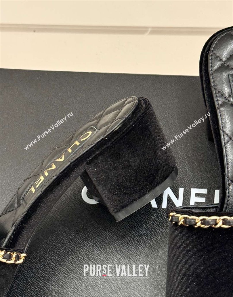 Chanel Velvet Heel Slides Sandal with Chain and Heart G46109 Black 2025 (KL-250304046)