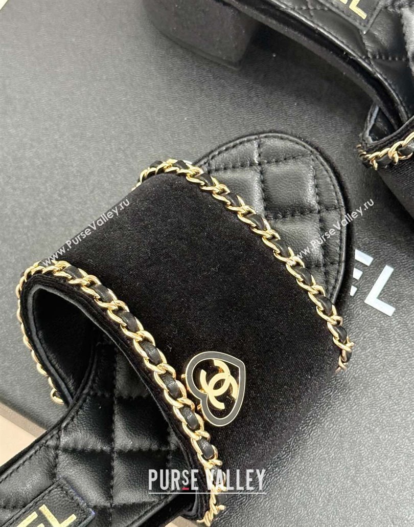 Chanel Velvet Heel Slides Sandal with Chain and Heart G46109 Black 2025 (KL-250304046)