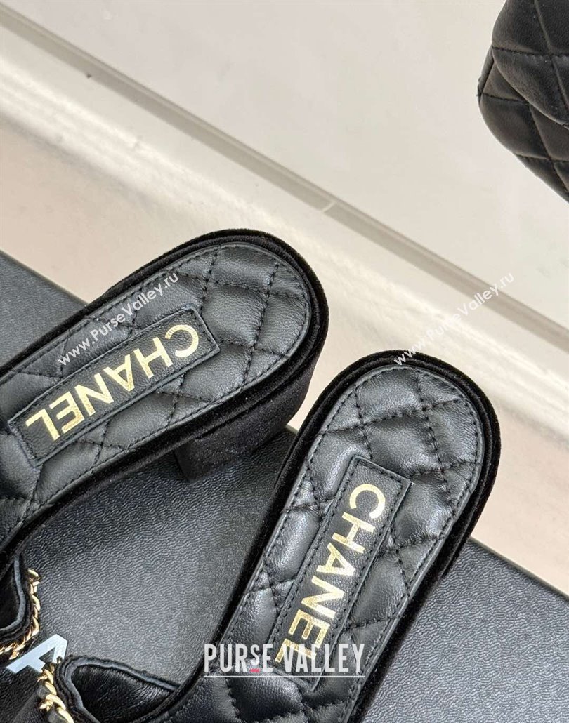 Chanel Velvet Heel Slides Sandal with Chain and Heart G46109 Black 2025 (KL-250304046)