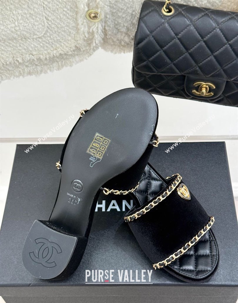 Chanel Velvet Heel Slides Sandal with Chain and Heart G46109 Black 2025 (KL-250304046)
