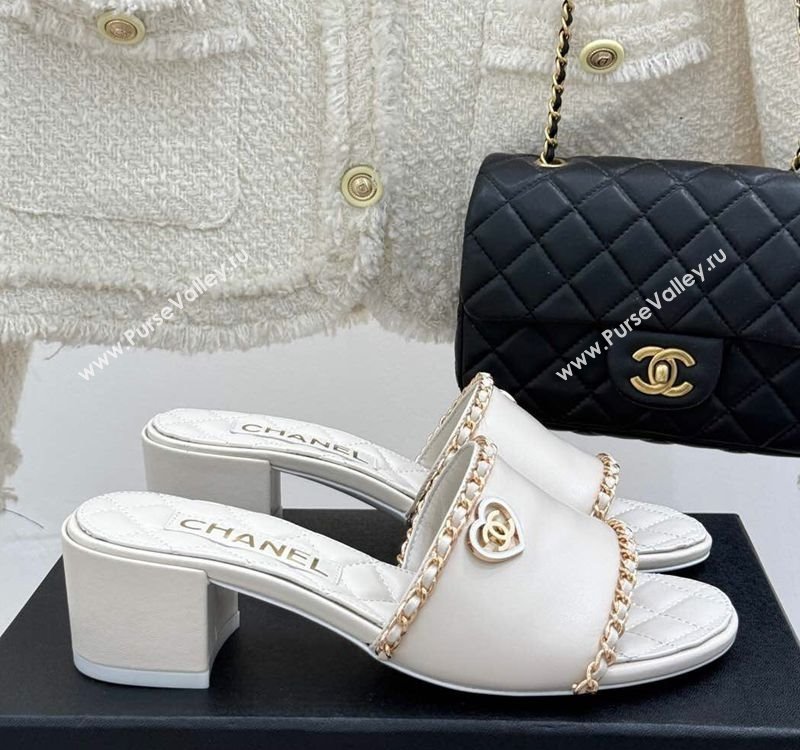 Chanel Lambskin Heel Slides Sandal with Chain and Heart G46109 White 2025 (KL-250304047)