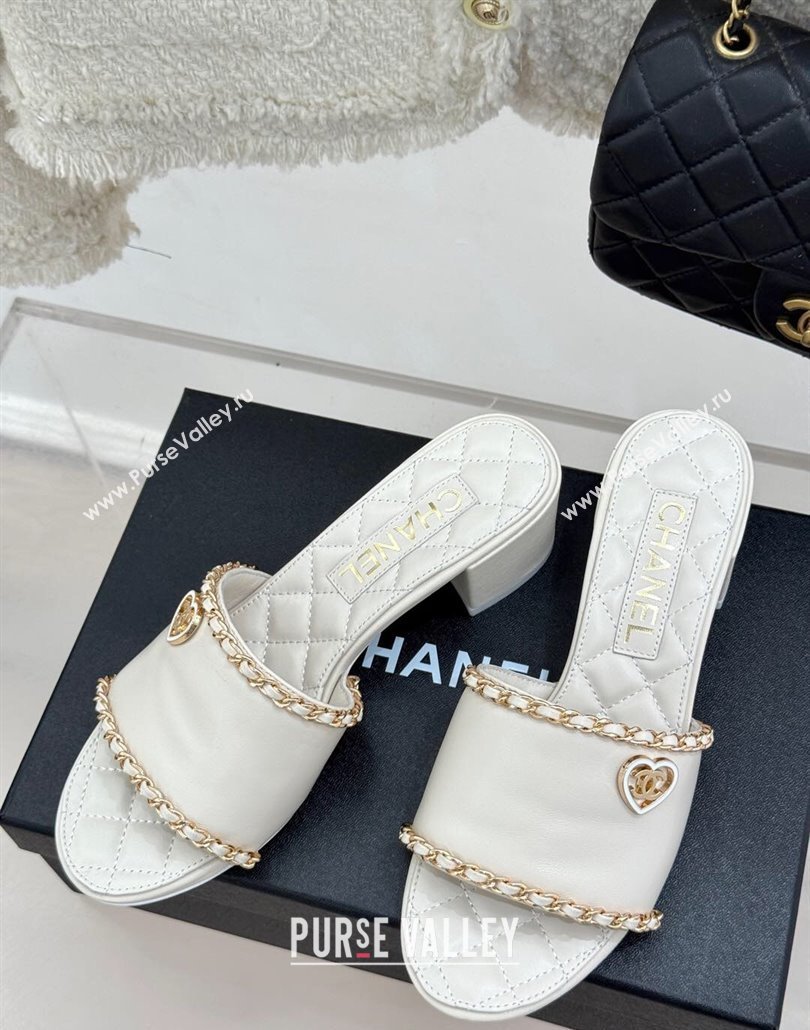 Chanel Lambskin Heel Slides Sandal with Chain and Heart G46109 White 2025 (KL-250304047)