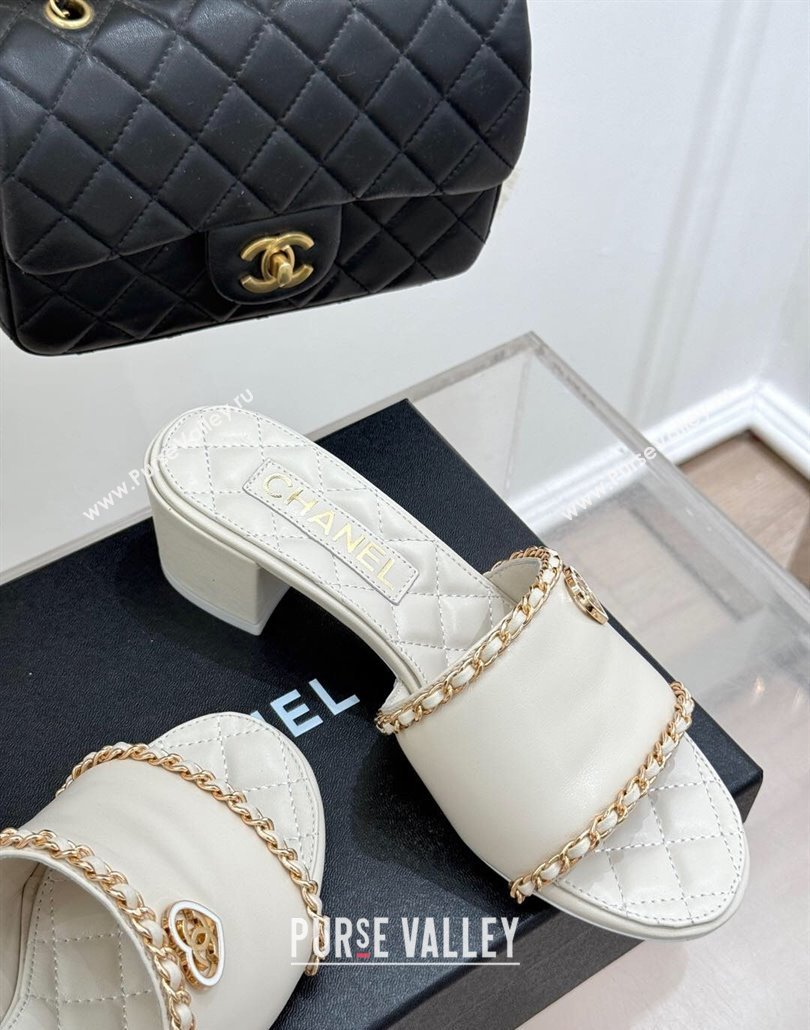 Chanel Lambskin Heel Slides Sandal with Chain and Heart G46109 White 2025 (KL-250304047)