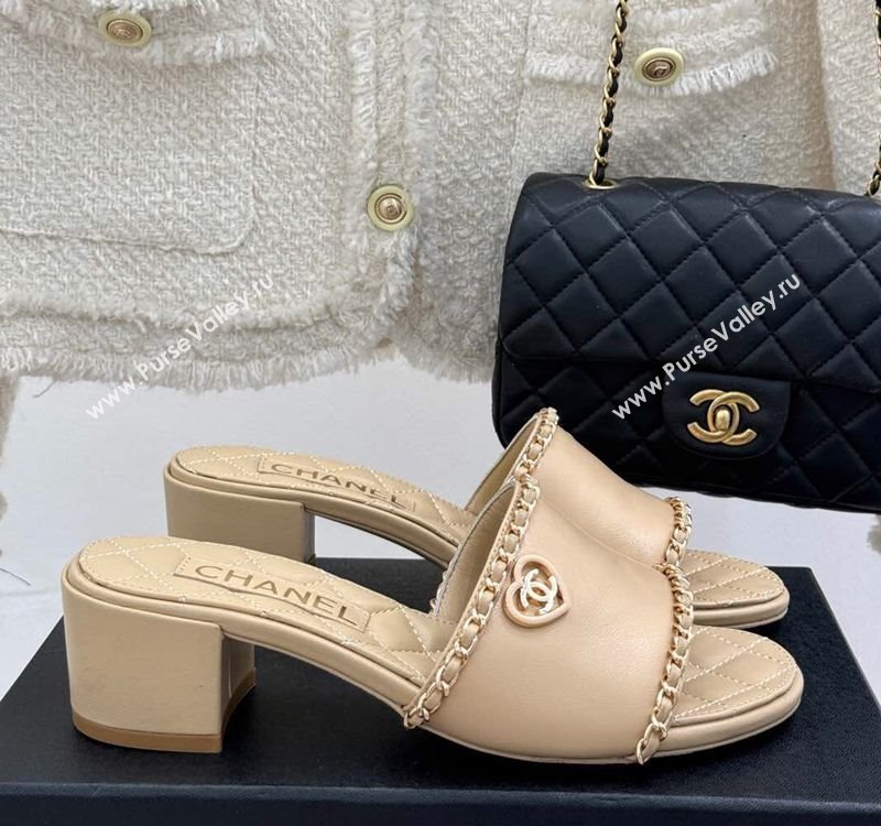 Chanel Lambskin Heel Slides Sandal with Chain and Heart G46109 Beige 2025 (KL-250304048)