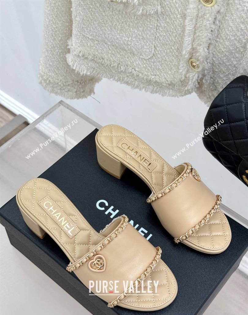 Chanel Lambskin Heel Slides Sandal with Chain and Heart G46109 Beige 2025 (KL-250304048)