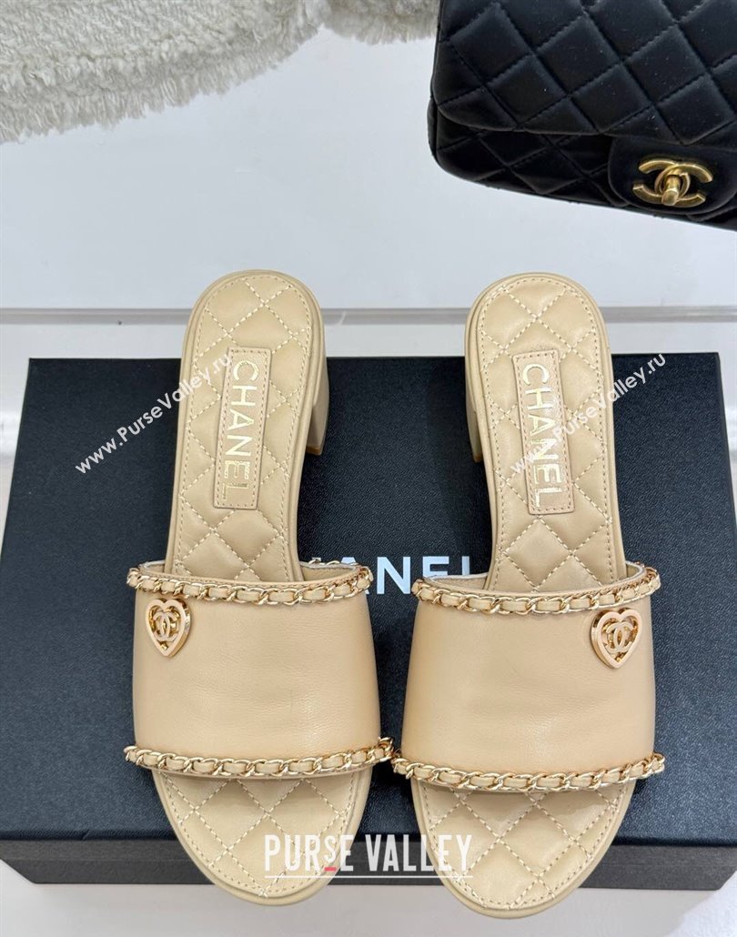Chanel Lambskin Heel Slides Sandal with Chain and Heart G46109 Beige 2025 (KL-250304048)