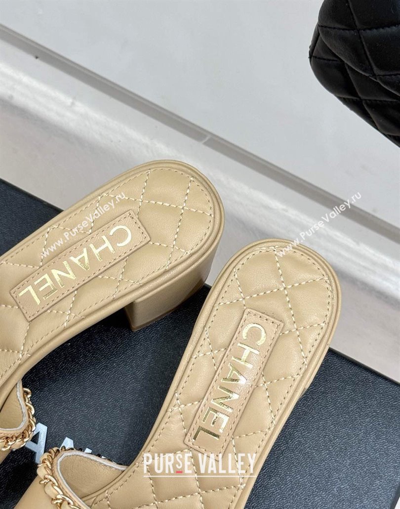 Chanel Lambskin Heel Slides Sandal with Chain and Heart G46109 Beige 2025 (KL-250304048)