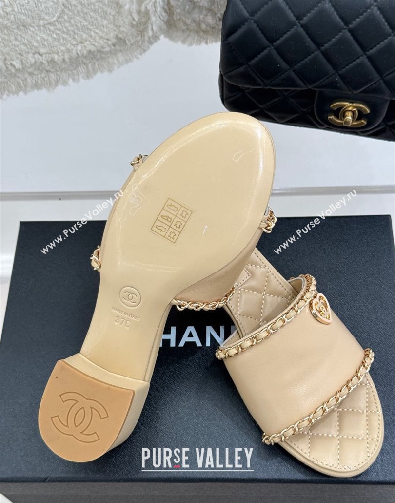 Chanel Lambskin Heel Slides Sandal with Chain and Heart G46109 Beige 2025 (KL-250304048)