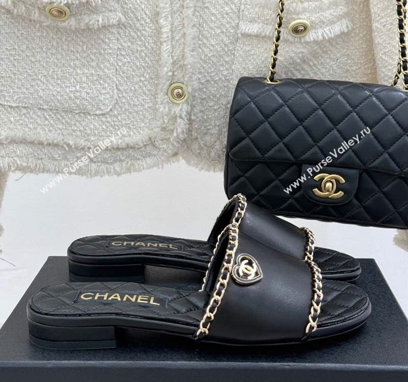 Chanel Lambskin Leather Flat Slides Sandal with Chain and Heart G46109 Black 2025 (KL-250304050)