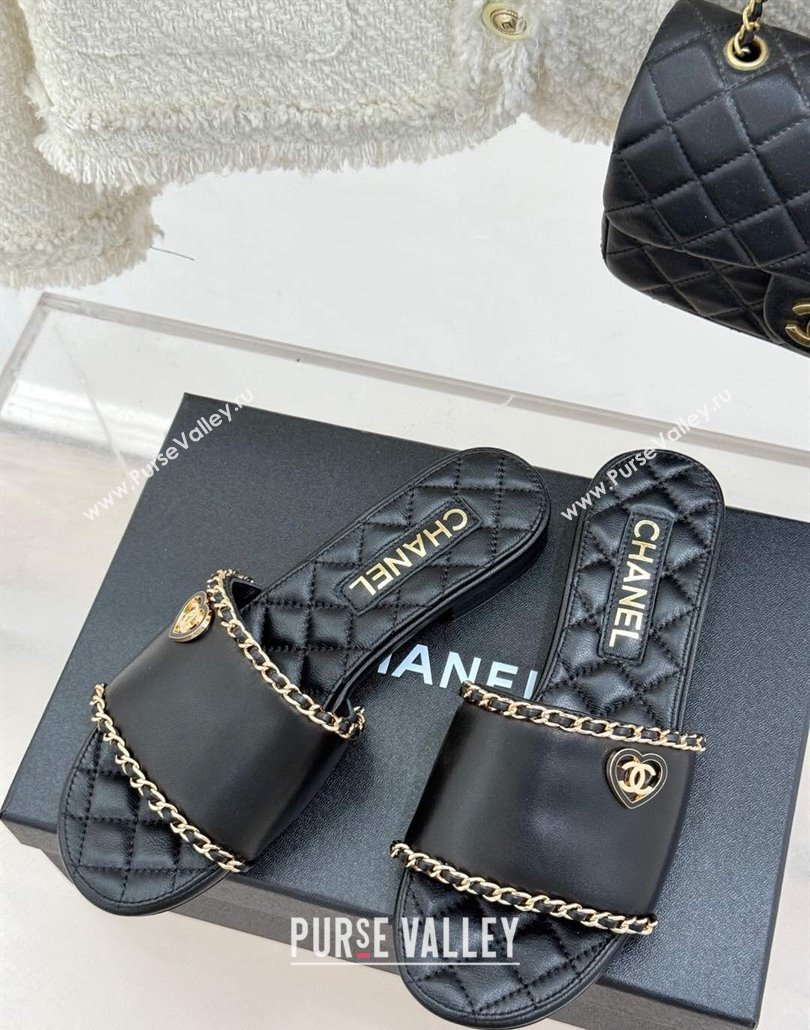 Chanel Lambskin Leather Flat Slides Sandal with Chain and Heart G46109 Black 2025 (KL-250304050)