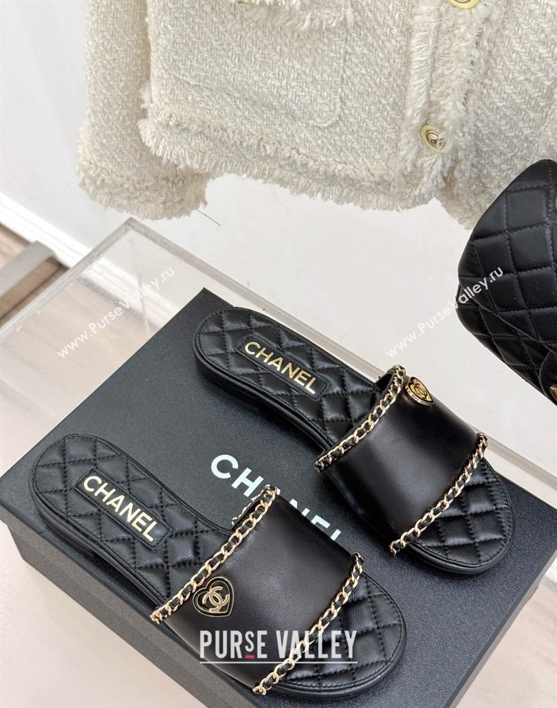 Chanel Lambskin Leather Flat Slides Sandal with Chain and Heart G46109 Black 2025 (KL-250304050)