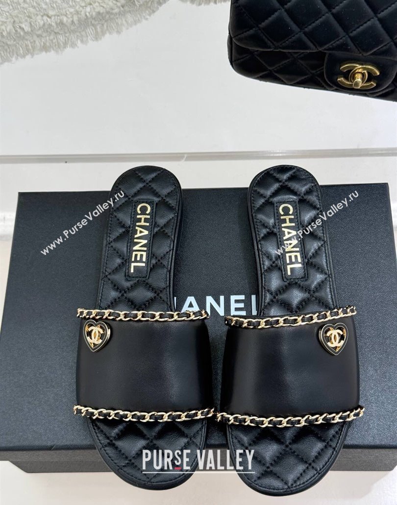 Chanel Lambskin Leather Flat Slides Sandal with Chain and Heart G46109 Black 2025 (KL-250304050)
