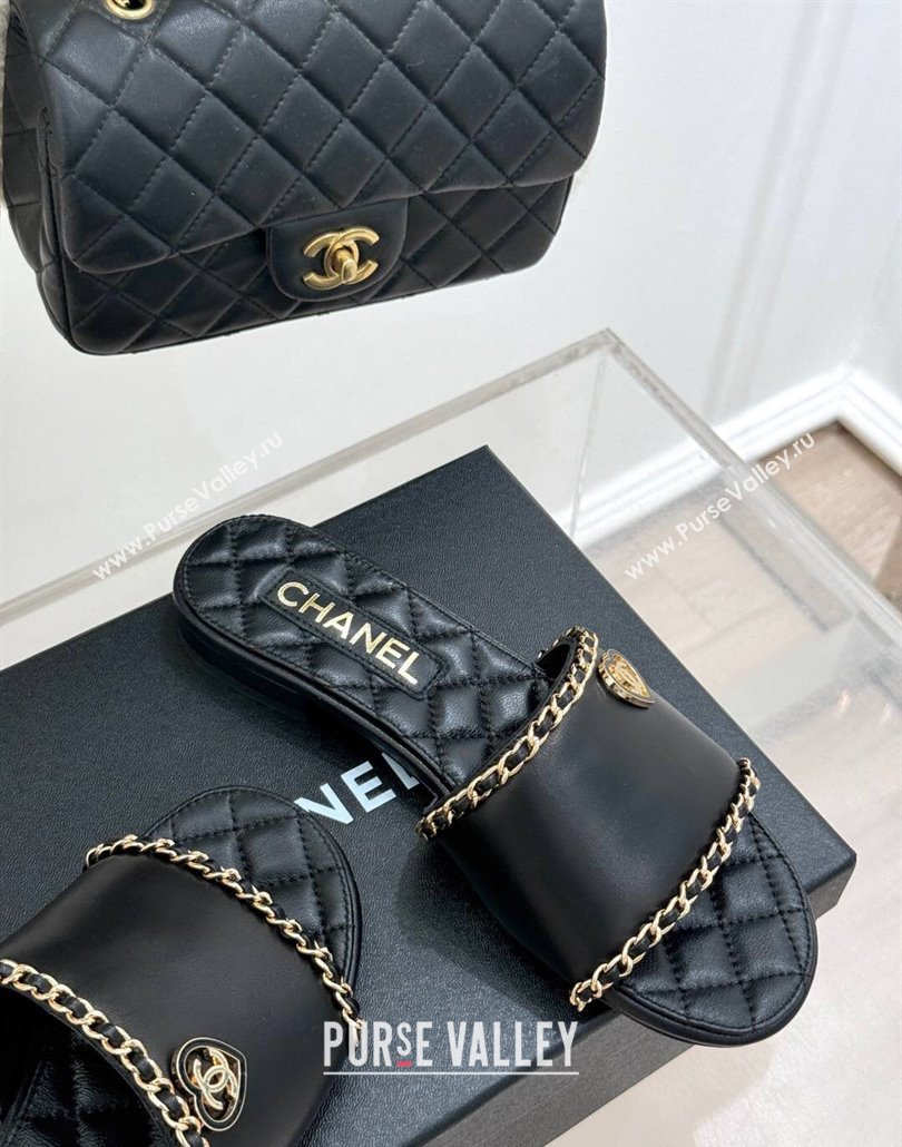 Chanel Lambskin Leather Flat Slides Sandal with Chain and Heart G46109 Black 2025 (KL-250304050)