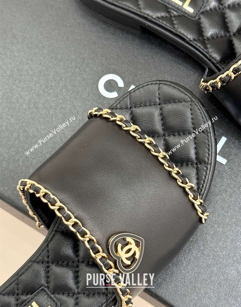 Chanel Lambskin Leather Flat Slides Sandal with Chain and Heart G46109 Black 2025 (KL-250304050)