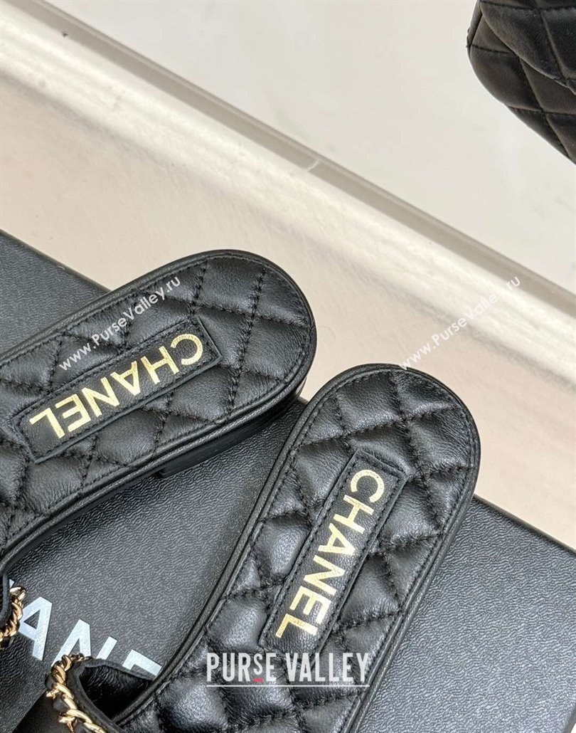Chanel Lambskin Leather Flat Slides Sandal with Chain and Heart G46109 Black 2025 (KL-250304050)