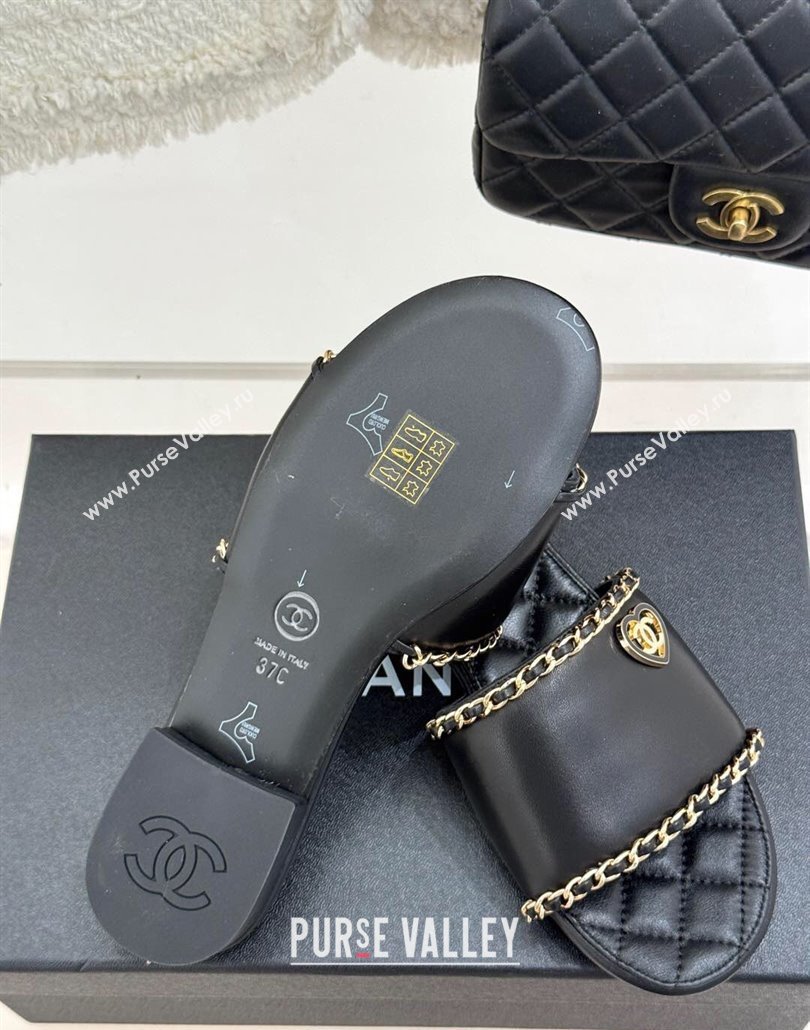Chanel Lambskin Leather Flat Slides Sandal with Chain and Heart G46109 Black 2025 (KL-250304050)