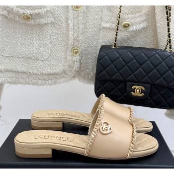 Chanel Lambskin Flat Slides Sandal with Chain and Heart G46109 Beige 2025 (KL-250304051)