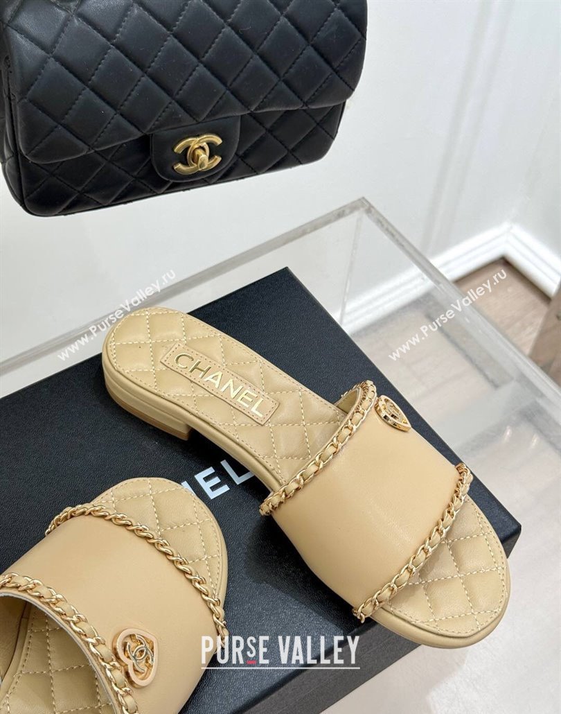 Chanel Lambskin Flat Slides Sandal with Chain and Heart G46109 Beige 2025 (KL-250304051)