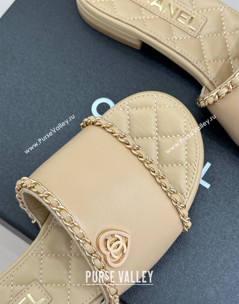 Chanel Lambskin Flat Slides Sandal with Chain and Heart G46109 Beige 2025 (KL-250304051)