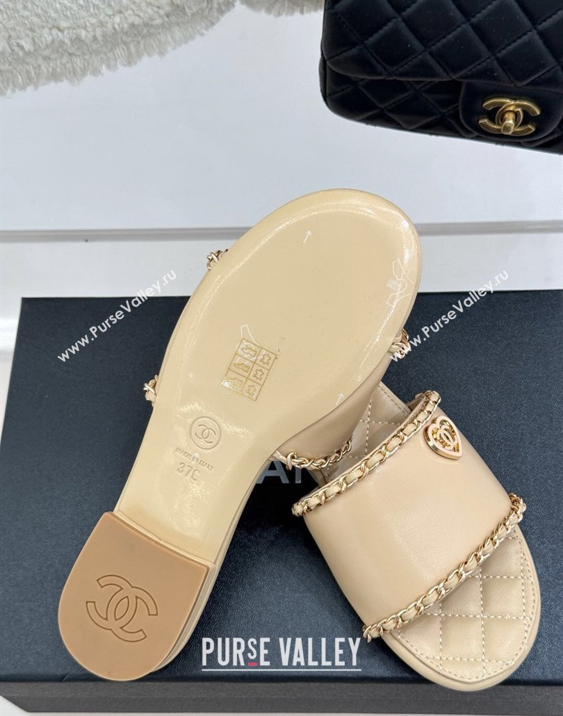 Chanel Lambskin Flat Slides Sandal with Chain and Heart G46109 Beige 2025 (KL-250304051)