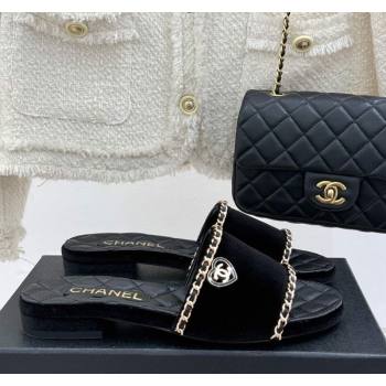 Chanel Velvet Flat Slides Sandal with Chain and Heart G46109 Black 2025 (KL-250304053)