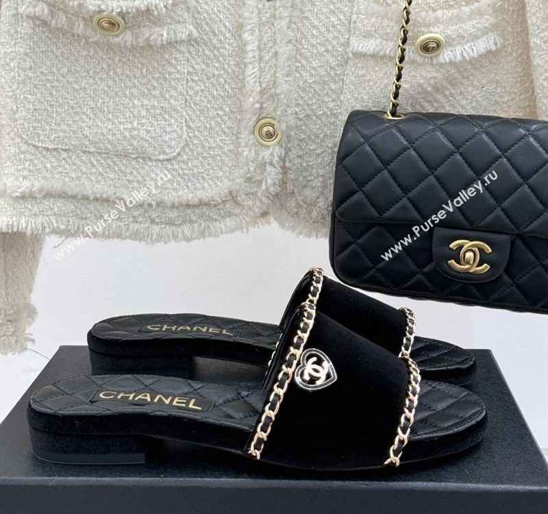 Chanel Velvet Flat Slides Sandal with Chain and Heart G46109 Black 2025 (KL-250304053)