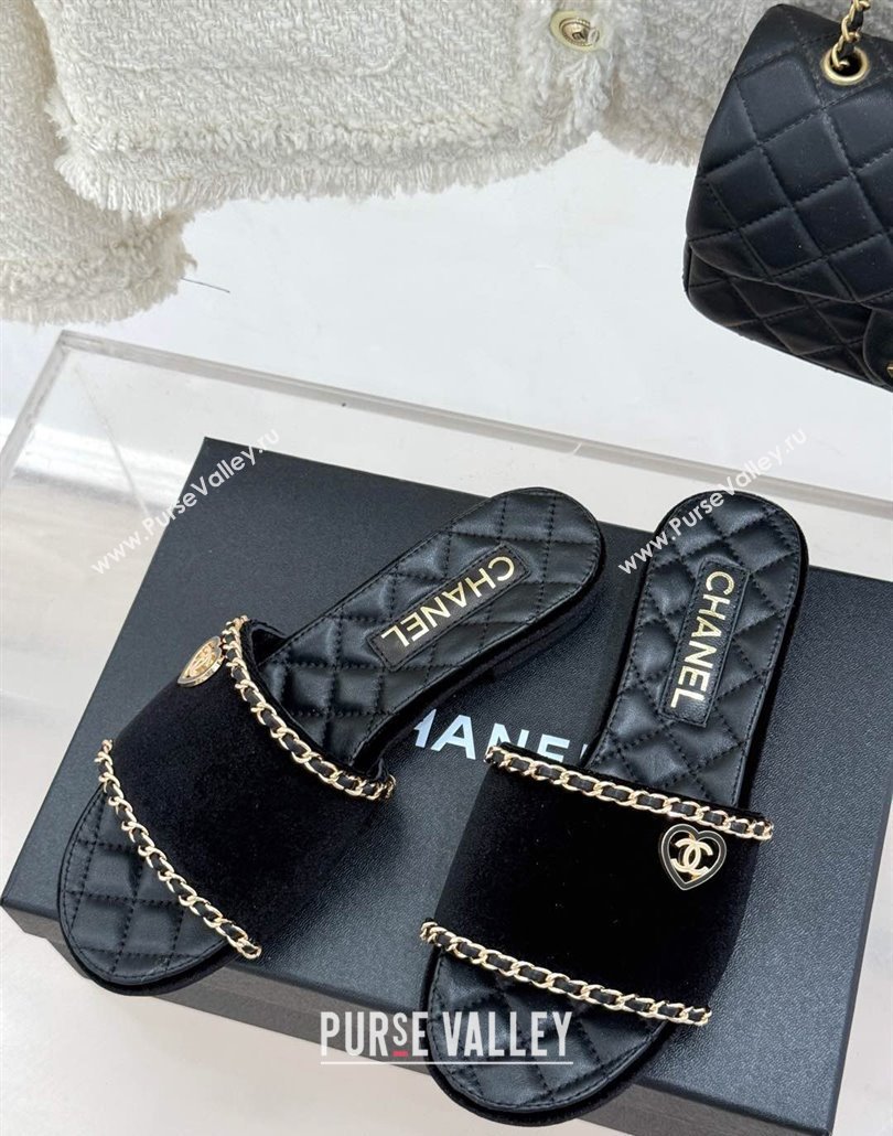 Chanel Velvet Flat Slides Sandal with Chain and Heart G46109 Black 2025 (KL-250304053)