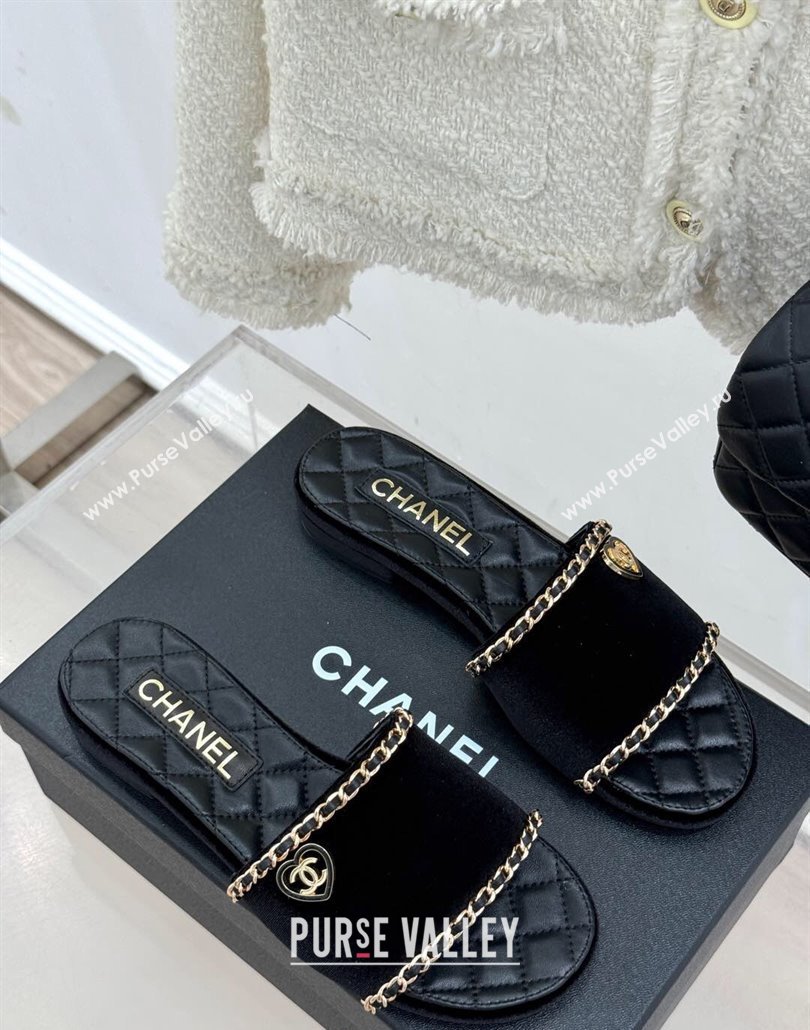 Chanel Velvet Flat Slides Sandal with Chain and Heart G46109 Black 2025 (KL-250304053)
