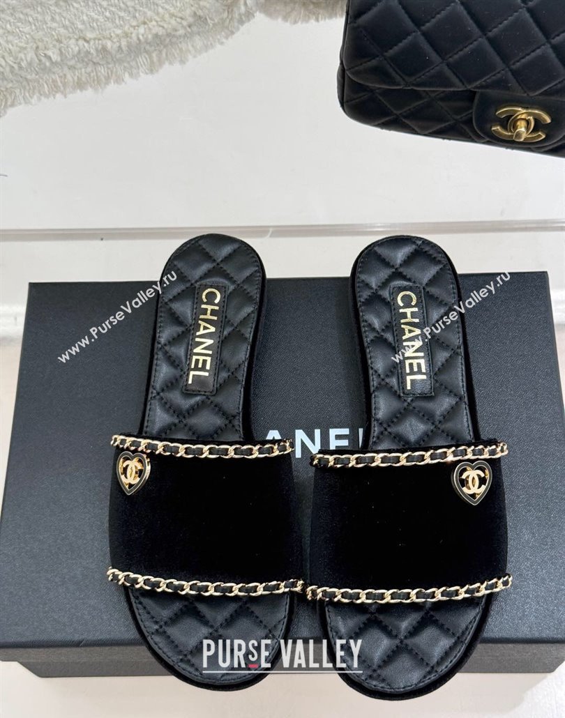 Chanel Velvet Flat Slides Sandal with Chain and Heart G46109 Black 2025 (KL-250304053)