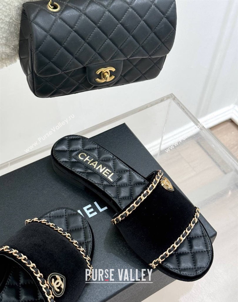 Chanel Velvet Flat Slides Sandal with Chain and Heart G46109 Black 2025 (KL-250304053)