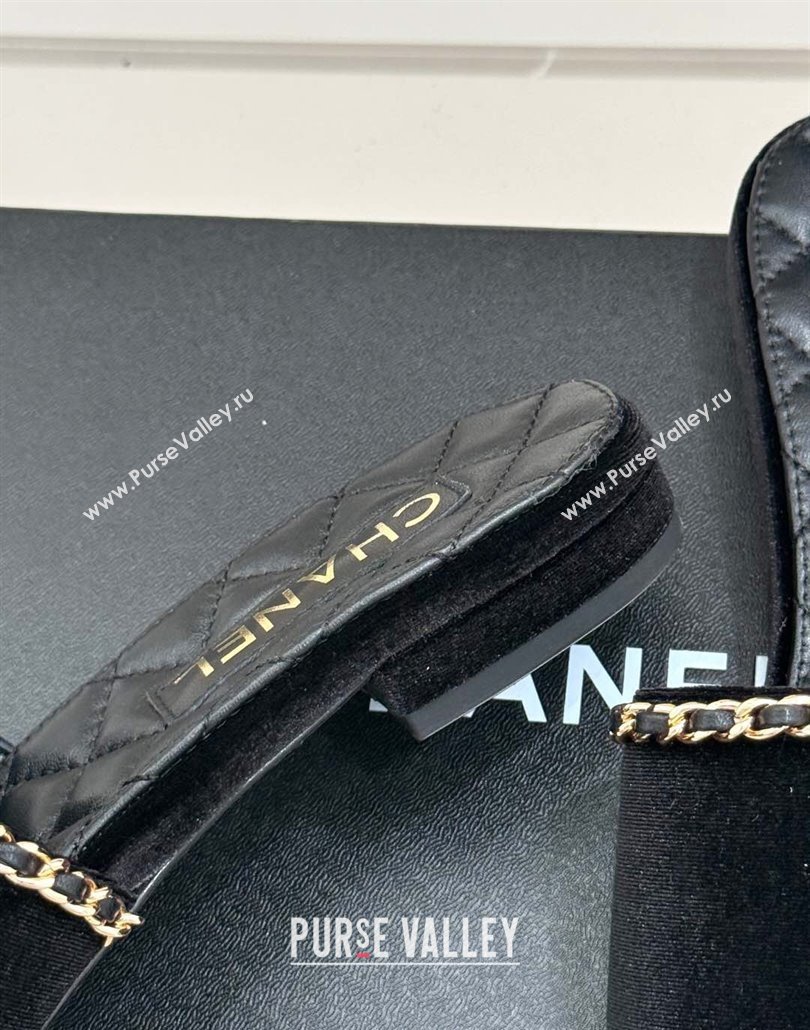 Chanel Velvet Flat Slides Sandal with Chain and Heart G46109 Black 2025 (KL-250304053)