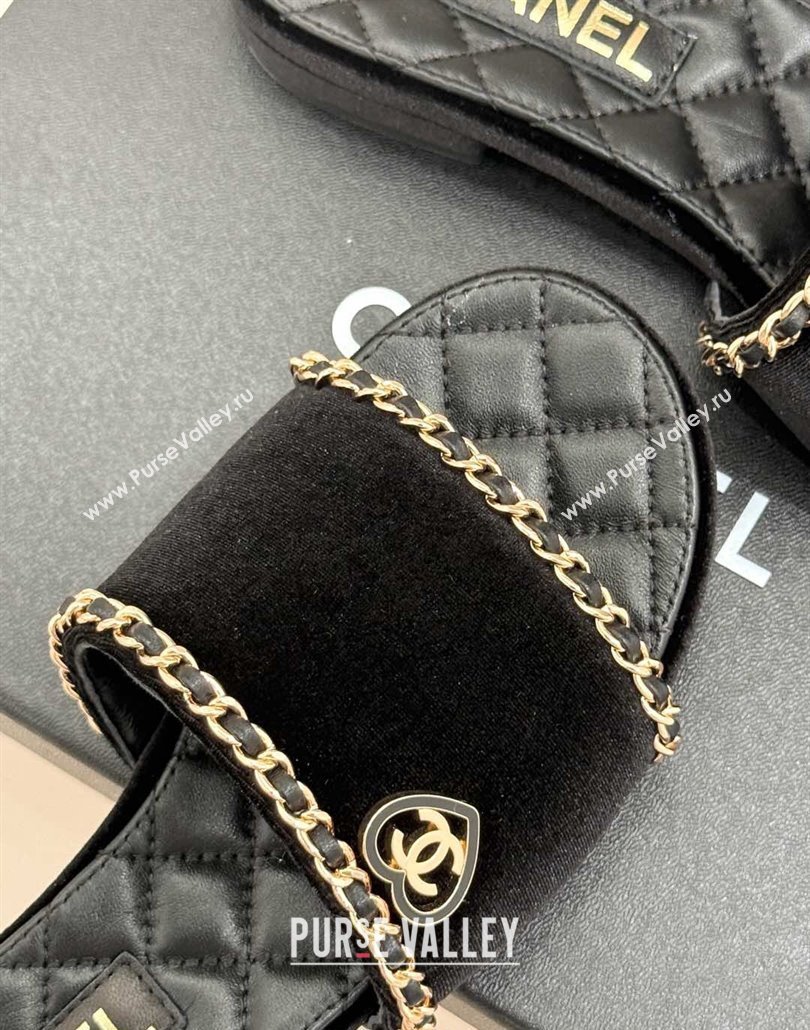 Chanel Velvet Flat Slides Sandal with Chain and Heart G46109 Black 2025 (KL-250304053)