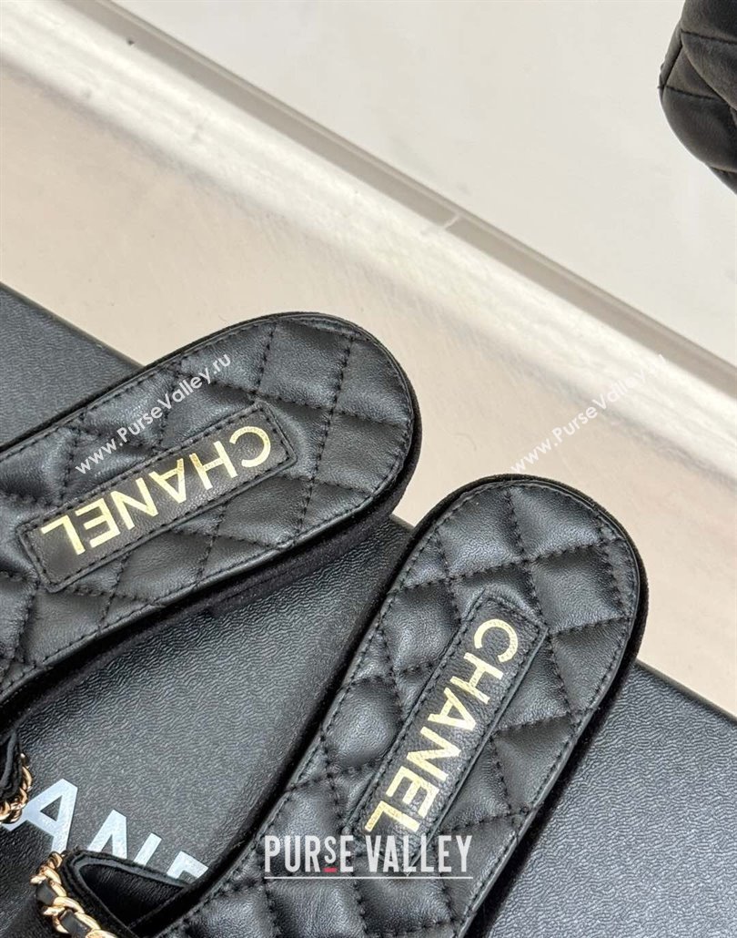 Chanel Velvet Flat Slides Sandal with Chain and Heart G46109 Black 2025 (KL-250304053)