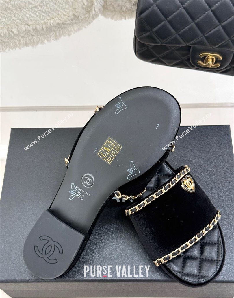 Chanel Velvet Flat Slides Sandal with Chain and Heart G46109 Black 2025 (KL-250304053)