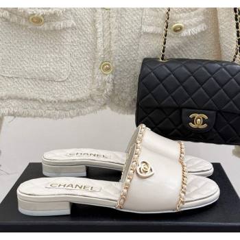 Chanel Lambskin Flat Slides Sandal with Chain and Heart G46109 White 2025 (KL-250304054)