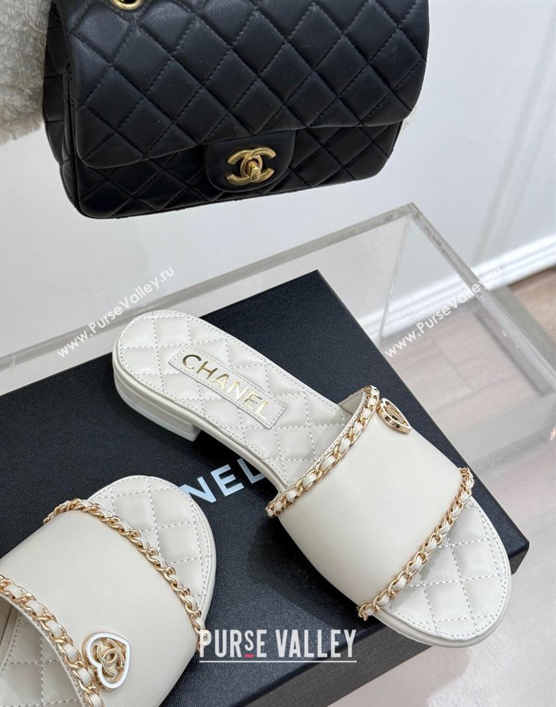 Chanel Lambskin Flat Slides Sandal with Chain and Heart G46109 White 2025 (KL-250304054)