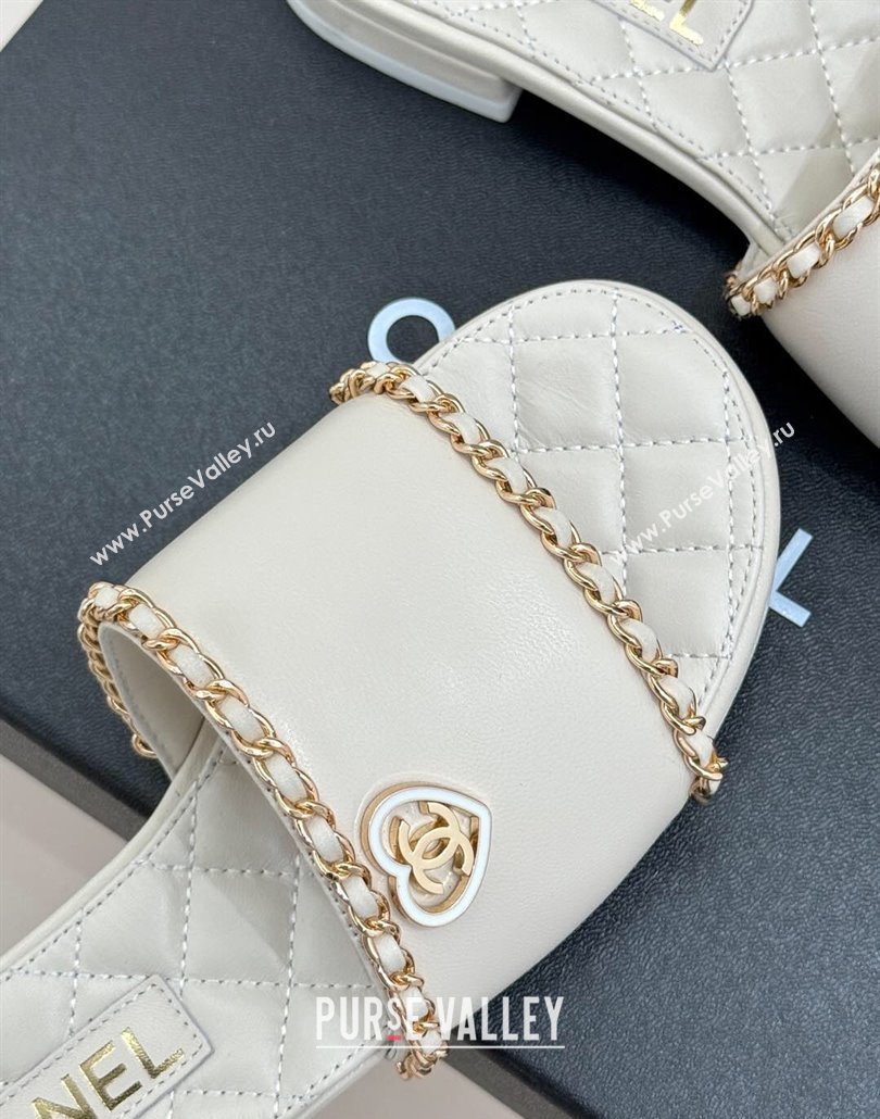 Chanel Lambskin Flat Slides Sandal with Chain and Heart G46109 White 2025 (KL-250304054)