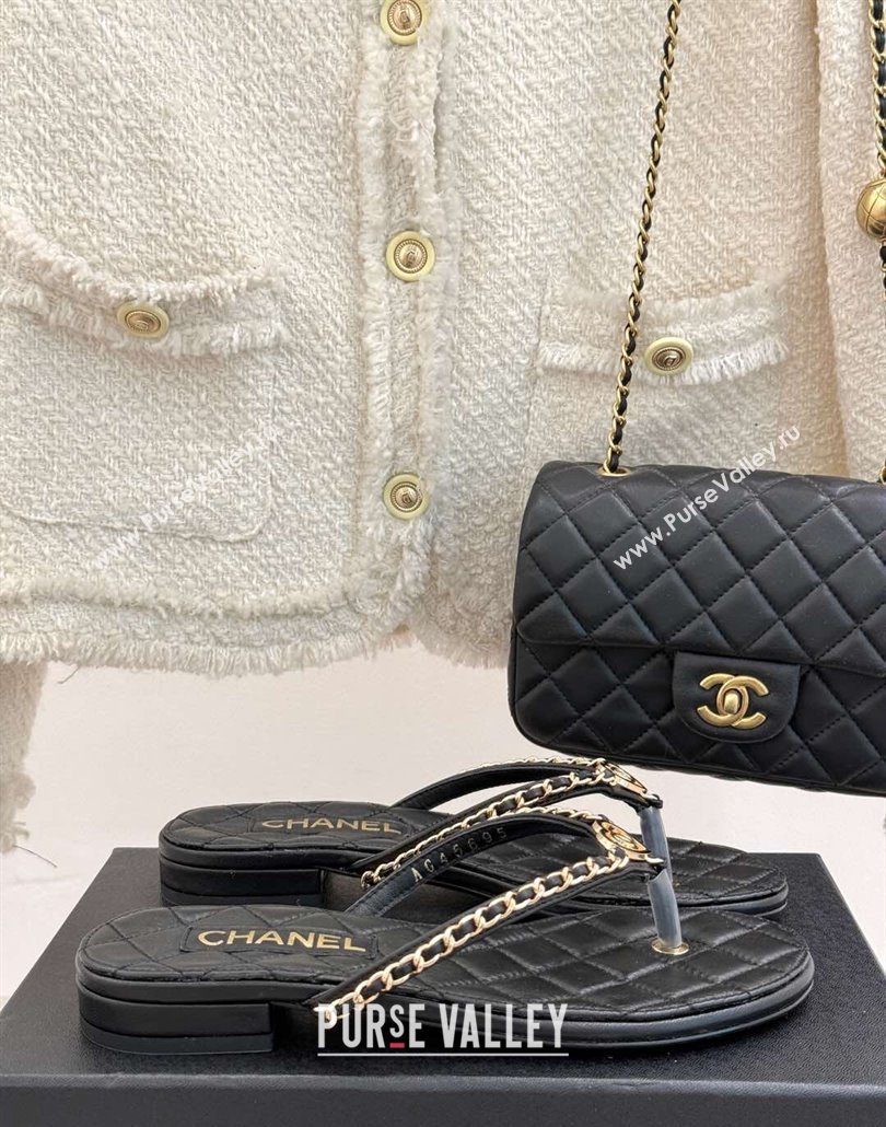 Chanel Lambskin Flat Thong Slide Sandal with Chain and Heart G46109 Black 2025 (KL-250304055)