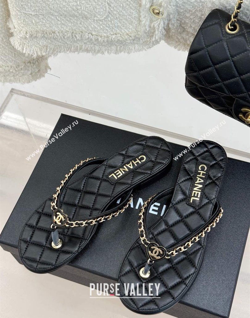 Chanel Lambskin Flat Thong Slide Sandal with Chain and Heart G46109 Black 2025 (KL-250304055)