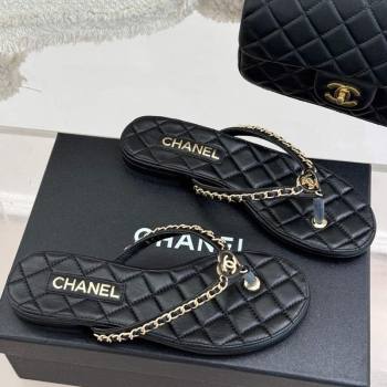 Chanel Lambskin Flat Thong Slide Sandal with Chain and Heart G46109 Black 2025 (KL-250304055)