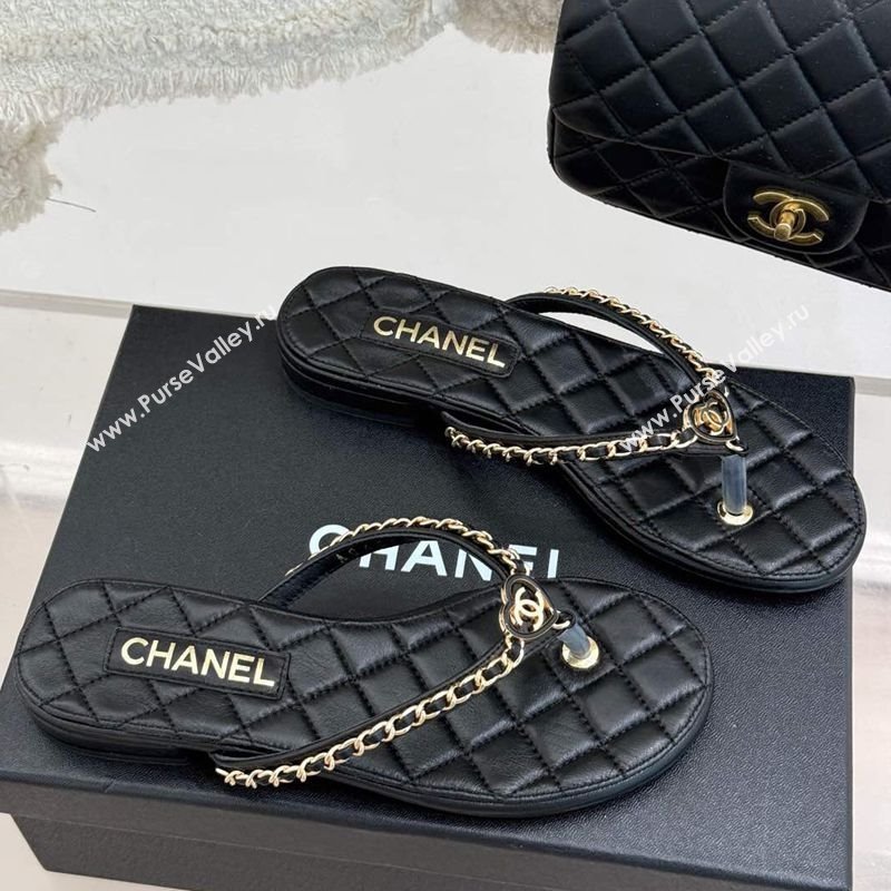 Chanel Lambskin Flat Thong Slide Sandal with Chain and Heart G46109 Black 2025 (KL-250304055)