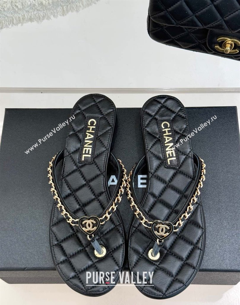 Chanel Lambskin Flat Thong Slide Sandal with Chain and Heart G46109 Black 2025 (KL-250304055)