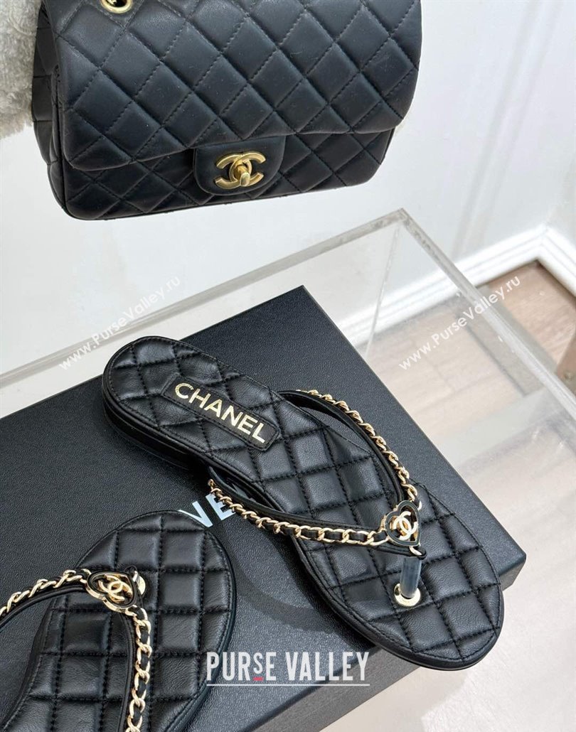 Chanel Lambskin Flat Thong Slide Sandal with Chain and Heart G46109 Black 2025 (KL-250304055)