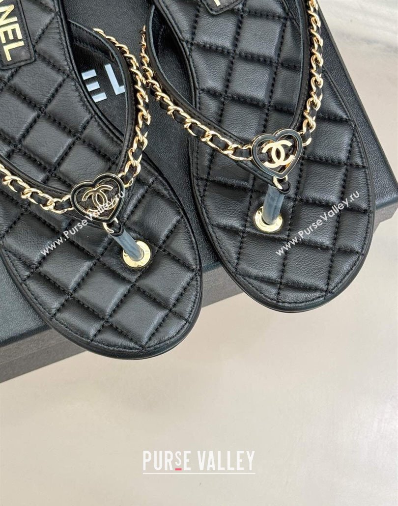 Chanel Lambskin Flat Thong Slide Sandal with Chain and Heart G46109 Black 2025 (KL-250304055)