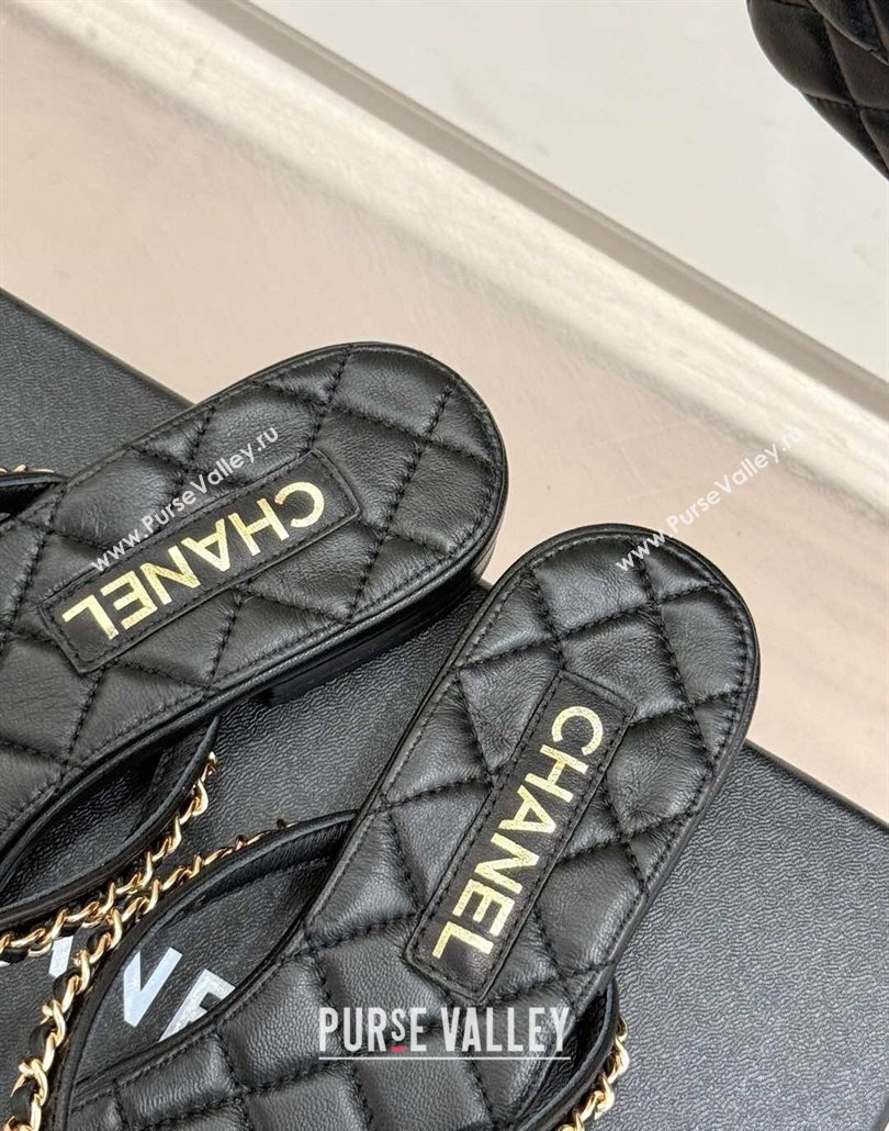 Chanel Lambskin Flat Thong Slide Sandal with Chain and Heart G46109 Black 2025 (KL-250304055)