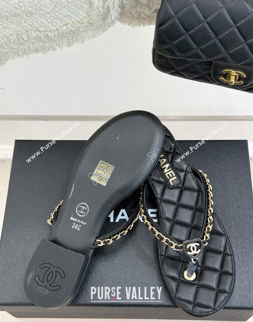 Chanel Lambskin Flat Thong Slide Sandal with Chain and Heart G46109 Black 2025 (KL-250304055)