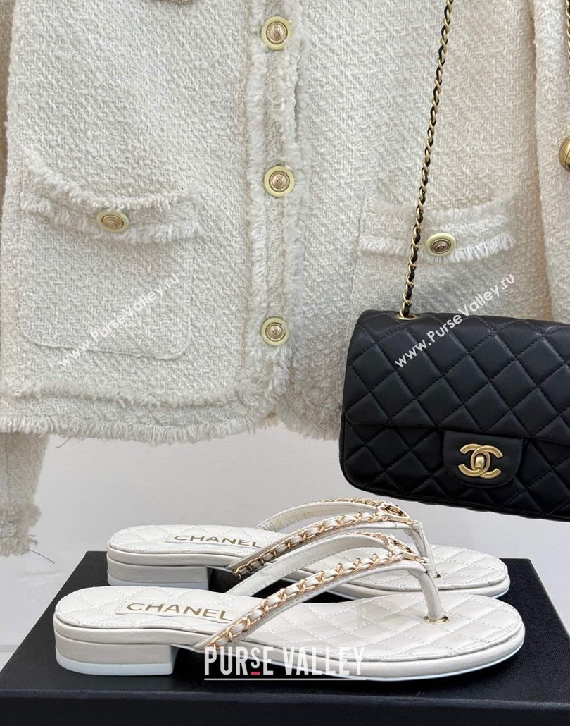Chanel Lambskin Flat Thong Slide Sandal with Chain and Heart G46109 White 2025 (KL-250304056)