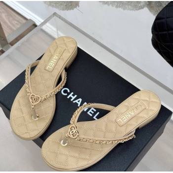 Chanel Lambskin Flat Thong Slide Sandal with Chain and Heart G46109 Beige 2025 (KL-250304057)